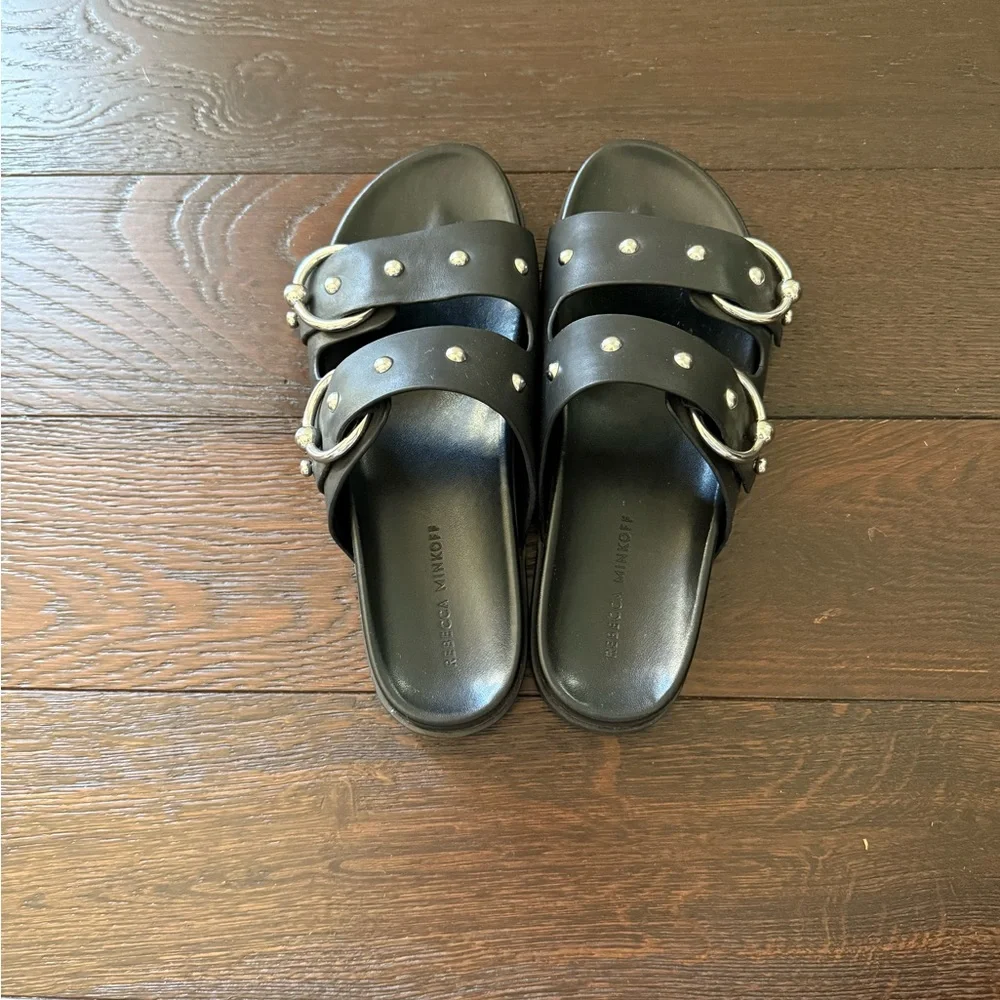 Rebecca Minkoff Black Leather Slide Sandals with Silver Accents - Picture 4 of 7